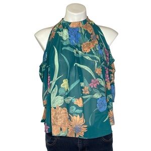 CURRENT AIR Cold Shoulder Blouse Short Sleeve Floral Pleated High Neckline XS